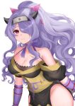  1girl arm_guards bare_shoulders black_headband blush breasts camilla_(fire_emblem) camilla_(ninja)_(fire_emblem) choker cleavage closed_mouth collarbone commentary_request ell_0314 fire_emblem fire_emblem_fates fire_emblem_heroes fishnets hair_over_one_eye headband highres horns large_breasts long_hair looking_at_viewer ninja official_alternate_costume official_alternate_hairstyle ponytail purple_choker purple_eyes purple_hair ribbon_choker smile solo thick_thighs thighs wrist_guards 