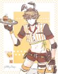  0shingkun0 1boy absurdres alternate_costume animal_ear_hairband animal_ears belt black_choker black_shirt border breast_pocket brown_belt brown_eyes brown_gloves brown_shorts burger buttons caelus_(honkai:_star_rail) choker closed_mouth collarbone cowboy_shot employee_uniform fake_animal_ears fast_food_uniform fingerless_gloves food french_fries gloves grey_hair hair_between_eyes hairband hand_up highres holding holding_tray honkai:_star_rail honkai_(series) lapels looking_at_viewer male_focus midriff navel orange_background orange_shoes outside_border pale_skin plate pocket rabbit_ear_hairband rabbit_ears ribbon roller_skates shirt shoes short_hair short_shorts short_sleeves shorts skates solo standing standing_on_one_leg star_(symbol) star_print star_symbol_background striped_clothes striped_vest sweatdrop thigh_strap thighhighs trailblazer_(honkai:_star_rail) tray vest visor_cap white_border white_thighhighs white_vest yellow_ribbon yellow_visor_cap 