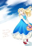  basket blonde_hair blue_dress child dress erina_pendleton food fruit grapes jojo_no_kimyou_na_bouken letter long_hair looking_away mochikin_(jijijin) phantom_blood red_footwear shoes smile solo translated younger 