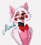  1girl animal_ears animal_nose artist_name body_fur bow bowtie commentary five_nights_at_freddy's five_nights_at_freddy's_2 fox_ears fox_girl furry furry_female mangle miawic open_mouth pink_fur red_bow red_bowtie sharp_teeth simple_background snout solo teeth upper_body white_background white_fur yellow_eyes 