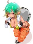  1girl ahoge aqua_hair arms_up bikini black_gloves black_shoes blonde_hair breasts cleavage closed_mouth collarbone commentary fang fingerless_gloves full_body gloves gold_bikini gradient_hair hanging_breasts highres holding holding_towel inkling large_breasts leaning_forward looking_at_viewer loose_pants mechanic_(splatoon_raiders) multicolored_hair navel orange_pants pants pointy_ears red_eyes shoes short_eyebrows simple_background solo splatoon_(series) splatoon_raiders stomach swimsuit t2ukmyjm tentacle_hair thick_eyebrows towel towel_around_neck white_background 