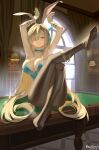  1girl absurdres animal_ear_hairband animal_ears armpits arms_up artist_name asuna_(blue_archive) asuna_(bunny)_(blue_archive) asymmetrical_bangs black_pantyhose blonde_hair blue_archive blue_bow blue_bowtie blue_eyes blue_leotard blue_ribbon bow bowtie breasts chinese_commentary cleavage commentary_request cue_stick curtains dated detached_collar elbow_gloves fake_animal_ears feet gloves grin hair_over_one_eye hair_ribbon hairband highres indoors large_breasts legs leotard light_blush long_hair looking_at_viewer missing_halo mole mole_on_breast no_shoes official_alternate_costume on_table one_eye_covered outstretched_leg pantyhose playboy_bunny pool_table rabbit_ear_hairband rabbit_ears rabbit_pose rare_lemon ribbon sitting smile soles solo steaming_body strapless strapless_leotard table thighs toes very_long_hair white_gloves window 