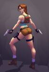  1girl ass ass_focus asymmetrical_bangs backpack bag boots braid braided_ponytail breasts brown_bag brown_boots brown_eyes brown_hair commentary commentary_request facing_away facing_to_the_side fingerless_gloves full_body gloves gun handgun highleg highres holding holding_gun holding_weapon holster jiggeh lara_croft leotard leotard_under_clothes lips looking_at_viewer m1911 medium_breasts nose one-piece_swimsuit rock shorts simple_background solo swimsuit t-back thigh_holster tomb_raider weapon 
