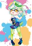  1girl :o bad_id bad_pixiv_id bike_shorts detached_collar domino_mask dress fang full_body gloves green_legwear hair_rings hand_on_hip highres hotaru_(splatoon) index_finger_raised mask mole mole_under_eye object_on_head orange_eyes paint paint_splatter pantyhose short_hair shorts_under_dress solo splatoon_(series) splatoon_1 standing strapless strapless_dress symbol-shaped_pupils tentacle_hair traditional_media uchiyama_(uuchiyamaa) watercolor_(medium) white_gloves 