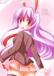  animal_ears back blazer blouse bunny_ears ishimori_sakana jacket long_hair looking_back open_mouth pleated_skirt purple_hair red_eyes reisen_udongein_inaba skirt smile solo touhou 