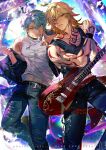  2boys alternate_costume antenna_hair arm_tattoo belt black_belt black_choker black_jacket black_tank_top blonde_hair blue_eyes braid ceiling_light chest_tattoo choker commentary denim electric_guitar facial_tattoo gradient_hair guitar highres holding holding_guitar holding_instrument honkai:_star_rail honkai_(series) instrument jacket jeans male_focus medium_hair miothle multicolored_hair multiple_boys mydei_(honkai:_star_rail) off_shoulder open_clothes open_jacket pants parted_bangs phainon_(honkai:_star_rail) red_hair red_tattoo sample_watermark short_hair side_braid stage_lights tank_top tattoo torn_clothes torn_jeans torn_pants untranslatable_commentary watermark white_hair white_tank_top yellow_eyes 
