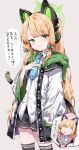  2girls alternate_hair_length_(longer) animal_ear_headphones animal_ears aqua_bow black_shorts black_thighhighs blank_eyes blonde_hair blue_archive blue_necktie blush bow cat_ear_headphones cat_ears collared_shirt commentary_request fake_animal_ears green_eyes green_halo hair_bow halo hand_in_pocket headphones highres jacket long_hair midori_(blue_archive) momoi_(blue_archive) multiple_girls necktie open_clothes open_jacket open_mouth pink_bow pink_halo sabana shirt short_hair short_shorts shorts thighhighs very_long_hair white_jacket white_shirt 