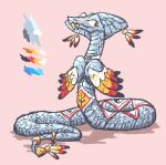 blush breasts busty_feral clothed clothed_feral clothing feathered_scalie feathered_snake feathers female feral grey_body grey_scales holding_breast jewelry low_res reptile scales scalie simple_background snake snake_hood solo woodhouse3d yin_yang