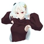  1girl absurdres armpits black_flower black_rose brian_(delknoder) closed_mouth fate/strange_fake fate_(series) flower hair_flower hair_ornament highres long_hair long_sleeves looking_at_viewer philia_(fate) red_eyes rose shirt simple_background smile solo white_background white_hair 
