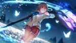  1girl aura blue_background blue_butterfly blue_ribbon blunt_bangs blurry blurry_background breasts brown_hair bug butterfly clenched_hand closed_mouth commentary cross-laced_shoes dutch_angle english_commentary eyelashes eyepatch eyes_visible_through_hair field fighting_stance floating_hair flower flower_field foot_out_of_frame frilled_skirt frilled_socks frills glint glowing glowing_butterfly glowing_weapon hair_between_eyes hands_up heaven_burns_red highres hiiragi_kozue hitodama holding holding_scythe holding_weapon incoming_attack jacket light_particles looking_at_viewer medical_eyepatch medium_breasts medium_hair miniskirt neck_ribbon night official_art one_eye_covered open_clothes open_jacket outdoors plaid_clothes plaid_skirt pleated_skirt purple_eyes purple_pupils red_shoes red_skirt ribbon scenery scythe serious shoes skirt sky sneakers socks solo standing standing_on_one_leg sweater_vest tareme thighs third-party_source upskirt v-shaped_eyebrows weapon white_flower white_socks yellow_flower yellow_jacket yellow_sweater_vest 