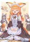  3girls absurdres animal_ear_fluff animal_ears apron arknights bare_shoulders black_dress black_hair brown_hair cat_ears cat_girl cat_tail closed_eyes commentary_request crying dark-skinned_female dark_skin detached_sleeves dress failure fallen_down gloves highres holding holding_menu kneeling long_hair looking_at_another maid maid_apron maid_headdress menu multiple_girls open_mouth orange_hair pantyhose papyrus_(arknights) slit_pupils tail th3cr0ma white_gloves white_pantyhose 