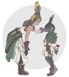  1boy 1girl aged_down animal_ears armband arms_behind_back asymmetrical_bangs bandaged_arm bandages belt belt_pouch bent_over black_hair black_pants blonde_streaks boots border breasts brown_belt brown_boots brown_hair brown_scarf cahciua capelet cargo_pants child closed_mouth clothes_around_waist commentary curtained_hair dark-skinned_female dark-skinned_male dark_skin erenville final_fantasy final_fantasy_xiv flower from_side fugashi_117 full_body green_capelet green_jacket grey_background grey_streaks hand_in_another's_hair hand_on_own_knee highres holding holding_behind_back holding_flower hood hooded_capelet jacket jacket_around_waist leaning_forward light_particles long_hair looking_at_another mother_and_child mother_and_son multicolored_hair pants parent_and_child parted_bangs pouch profile rabbit_boy rabbit_ears rabbit_girl red_armband red_flower red_rose rose round_border scarf shirt short_hair short_sleeves sidelocks single_bare_shoulder sleeveless sleeveless_shirt small_breasts smile standing streaked_hair tunic two-tone_hair untranslatable_commentary very_dark_skin viera white_border white_pants white_shirt white_tunic yellow_eyes 
