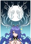  1girl antlers artist_name black_nails blue_eyes breasts closed_mouth commentary earrings full_moon genshin_impact hair_over_one_eye highres horns interlocked_fingers jewelry lauma_(genshin_impact) long_hair moon pointy_ears rumi_(rumigawa31) smile solo upper_body 