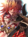  1boy arm_tattoo armlet black_coat blonde_hair blush braid chest_tattoo clawed_gauntlets coat commentary_request earrings facial_tattoo gold_earrings gold_necklace gradient_hair highres honkai:_star_rail honkai_(series) jewelry kamikaze_oekk male_focus medium_hair multicolored_hair mydei_(honkai:_star_rail) necklace open_clothes open_coat red_hair red_tattoo side_braid solo tattoo twitter_username watermark yellow_eyes 