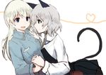  animal_ears aqua_eyes black_legwear cat_ears cat_tail eila_ilmatar_juutilainen grey_hair heart heart_of_string holding_hands interlocked_fingers leaning_forward leaning_on_person long_hair long_sleeves looking_at_another magryo763 military military_uniform multiple_girls necktie open_mouth pantyhose purple_eyes sanya_v_litvyak short_hair sideways_mouth smile strike_witches tail uniform white_hair world_witches_series 