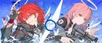  2girls absurdres ai_arctic_warfare arknights black_gloves bolt_action chinese_commentary commentary_request detached_wings energy_wings exusiai_(arknights) exusiai_the_new_covenant_(arknights) fingerless_gloves gloves gun halo highres itsuka_yiguo jacket lemuen_(arknights) long_hair looking_at_viewer medium_hair multiple_girls one_eye_closed pink_eyes pink_hair red_hair rifle smile sniper_rifle three-finger_salute traditional_halo upper_body weapon white_halo wings yellow_eyes 