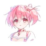  1girl bow bow_choker breasts chest_jewel choker cleavage collarbone cropped_torso dot_nose dress expressionless frilled_dress frills gem hair_between_eyes hair_bow hair_ribbon highres ichigousagi kaname_madoka light_blush magical_girl mahou_shoujo_madoka_magica mahou_shoujo_madoka_magica_(anime) parted_lips pink_bow pink_dress pink_gem pink_hair puffy_short_sleeves puffy_sleeves red_bow red_choker red_eyes red_ribbon ribbon short_hair short_sleeves short_twintails simple_background solo square_neckline tareme twintails two-tone_dress white_background white_sleeves yellow_dress 