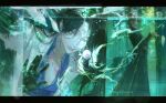  3girls absurdres black_coat black_hair coat cowboy_shot earrings eyeball fish_tank gloves highres isomer_(path_to_nowhere) jewelry multiple_girls path_to_nowhere purple_eyes reflection standing tanyaf2022 