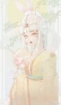  1girl animal_ears beads blue_sky border bow-shaped_hair branch chinese_commentary circlet commentary_request crescent crescent_earrings crescent_hair_ornament day double_bun earrings extra_ears eyelashes faint_moon_dew_(shining_nikki) flower frilled_sleeves frills hagoromo hair_beads hair_bun hair_ornament hand_fan happy highres holding holding_fan jewelry light_blush lipstick long_hair long_sidelocks long_sleeves makeup mumuyu nikki_(series) nostrils official_alternate_color osmanthus outdoors outside_border parted_bangs parted_lips pillarboxed pom_pom_(clothes) pom_pom_hair_ornament rabbit_ears rabbit_girl rabbit_hair_ornament red_eyes red_lips shawl shining_nikki sidelocks sky sleeves_past_wrists smile smoke solo straight_hair sun tuanshan upper_body watermark weibo_watermark white_border white_hair wide_sleeves yellow_flower yellow_hanfu 