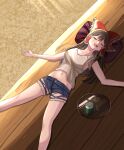  1girl absurdres alternate_costume bow breasts brown_hair cleavage commentary_request commission cup denim denim_shorts dinotodon drooling frilled_bow frilled_hair_tubes frills hair_bow hair_tubes hakurei_reimu highres light_rays long_hair navel pixiv_commission red_bow shirt shorts solo tank_top teapot touhou veranda white_shirt 