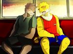  anthro big_muscles clothing eyes_closed feline fur mammal morenatsu muscles sleeping tiger torahiko_ooshima train yuujirou 