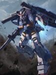  absurdres bazooka_(gundam) beam_cannon beam_rifle cloud cloudy_sky debris desert dust_cloud earth_federation energy_gun english_commentary gundam gundam_zeonic_front highres mecha mecha_focus mobile_suit mudrock_gundam no_humans original realistic red_eyes redesign robot rock science_fiction shield sky type_j7 v-fin war weapon 