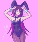  1girl anami_saki animal_ear_hairband animal_ears black_bow black_bowtie black_leotard bow bowtie breasts brown_eyes brown_hair brown_thighhighs commentary detached_collar eggydgrp english_commentary fake_animal_ears fishnet_pantyhose fishnets hairband highres leotard long_hair looking_at_viewer multicolored_hair original pantyhose pink_background pink_hair playboy_bunny rabbit_ear_hairband rabbit_ears solo strapless strapless_leotard thighhighs tongue tongue_out two-tone_hair white_wrist_cuffs wrist_cuffs 