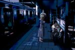  bag bench black_skirt black_socks blonde_hair blue_theme bow bowtie brown_bag brown_eyes brown_hair brown_shoes collared_dress collared_shirt commentary_request contrast_collar dinotodon dress hat highres long_sleeves maribel_hearn missing_headwear mob_cap necktie on_bench purple_dress purple_shoes red_bow red_bowtie red_necktie shirt shirt_tucked_in shoes sitting skirt sleeve_garter socks standing touhou train train_station usami_renko white_hat white_shirt 