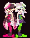  :d aori_(splatoon) black_hair cousins detached_collar domino_mask dress earrings fangs food food_on_head full_body gloves green_legwear hair_rings highres hotaru_(splatoon) jewelry kamoko long_hair mask mole mole_under_eye multiple_girls object_on_head open_mouth orange_eyes pantyhose pointy_ears purple_legwear short_hair short_jumpsuit silver_hair smile splatoon_(series) splatoon_1 standing strapless strapless_dress sushi symmetry tentacle_hair unitard white_gloves 