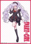  1girl 2025 absurdres argyle_background artistic_error asymmetrical_legwear black_dress black_headdress black_shoes black_socks border bow breasts character_name chinese_zodiac choker commentary_request corset dress frilled_dress frills garter_belt hair_intakes happy heart heart_o-ring heart_ring_choker highres jirai_kei kinoshita_aki kneehighs leg_up long_sleeves maid maid_headdress o-ring o-ring_choker o-ring_garter_belt open_mouth original outline platform_shoes red_border red_bow red_eyes red_outline red_trim ribbon-trimmed_dress ribbon_trim shoes single_kneehigh single_sock small_breasts snake_hair socks solo standing standing_on_one_leg tareme twintails white_background white_hair year_of_the_snake 