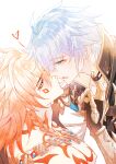  2boys 7-river antenna_hair arm_tattoo armor black_choker black_coat black_shirt blonde_hair blue_eyes braid chest_tattoo chinese_commentary choker clawed_gauntlets coat commentary_request earrings facial_tattoo from_side gold_earrings gold_necklace gradient_hair highres honkai:_star_rail honkai_(series) imminent_kiss jewelry male_focus medium_hair multicolored_hair multiple_boys mydei_(honkai:_star_rail) neck_tattoo necklace open_clothes open_coat parted_bangs pauldrons phainon_(honkai:_star_rail) red_hair red_tattoo shirt short_hair shoulder_armor side_braid single_pauldron sun_symbol sun_tattoo tattoo white_coat white_hair yaoi yellow_eyes 