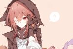  2girls ? animal_hood arknights black_gloves black_jacket brown_background commentary_request crownslayer_(arknights) female_pov frostnova_(arknights) gloves hand_on_another's_cheek hand_on_another's_face highres hood hood_up jacket light_frown multiple_girls one_eye_closed open_clothes open_jacket pov pov_hands red_eyes red_hair shadow71580825 shirt simple_background spoken_question_mark upper_body white_shirt yuri 