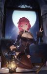  1girl absurdres bad_id bad_twitter_id black_bow black_dress black_shrug black_thighhighs black_wings bow breasts chest_belt cleavage commentary_request dress full_moon hair_bow hair_ornament highres kneeling large_breasts looking_at_viewer medium_hair miyano_haruto moon night pink_eyes pink_hair pink_nails pointy_ears remielle_dan shrug_(clothing) sky smile solo star_(sky) starry_sky thighhighs thighs window wings wolf_cut zenless_zone_zero 