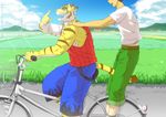  anthro bicycle big_muscles blue_eyes clothing feline fur hiroyuki human mammal morenatsu muscles tiger torahiko_ooshima 