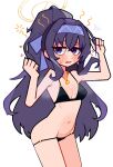  1girl absurdres arm_up bikini black_bikini blue_archive blue_eyes blue_hairband breasts cleavage cowboy_shot flying_sweatdrops furrowed_brow gold_halo gold_necklace gold_pendant hairband half-closed_eyes heat_lines high_ponytail highres jewelry long_hair long_sidelocks medium_breasts navel necklace noxtwice o-ring o-ring_bikini o-ring_bikini_bottom o-ring_bottom o-ring_top official_alternate_costume official_alternate_hairstyle open_mouth peanut_mouth ponytail ribs sidelocks simple_background skinny solo squeans sweat swimsuit tareme ui_(blue_archive) ui_(swimsuit)_(blue_archive) very_long_hair white_background 