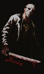  1boy absurdres artist_name black_background black_coat blood blood_on_weapon coat friday_the_13th highres hockey_mask holding holding_machete holding_weapon horror_(theme) jason_voorhees machete male_focus mask miawic simple_background solo standing weapon 