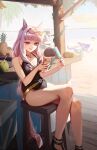 3girls absurdres animal_ears apple beach black_one-piece_swimsuit breasts cleavage coconut coconut_cup day drinking_straw eyewear_on_head food fruit fruit_as_cup gold_ship_(run_revolt_launcher)_(umamusume) gold_ship_(umamusume) highleg highleg_one-piece_swimsuit highres holding holding_food holding_phone holding_popsicle horse_ears horse_girl horse_tail large_breasts long_hair mejiro_mcqueen_(ripple_fairlady)_(umamusume) mejiro_mcqueen_(umamusume) multiple_girls ntdanny on_stool one-piece_swimsuit outdoors phone pineapple popsicle purple_eyes purple_hair shade sitting solo_focus stool swimsuit tail tokai_teio_(umamusume) umamusume 