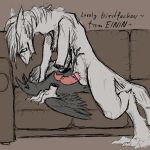1:1 abdominal_bulge ambiguous_gender anthro anthro_on_feral anthro_penetrating avian beak bestiality bird bodily_fluids claws cloacal cloacal_penetration corvid duo einin english_text eyewear feathers feral feral_penetrated furniture genitals glasses hi_res holding_wing male mane open_mouth oscine passerine penetration penis sofa sweat text tongue tongue_out wings x-ray_view