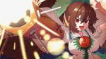  1girl absurdres arm_cannon bow breasts brown_hair cape chest_eye commentary_request green_bow hair_bow highres index_finger_raised korean_commentary large_breasts long_hair mynameislth2 open_mouth ponytail red_eyes reiuji_utsuho short_sleeves smile solo starry_sky_print third_eye touhou triangle_mouth upper_body v-shaped_eyebrows weapon white_cape wings 