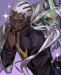  1boy absurdres buzz_cut commentary dark-skinned_male dark_skin enrico_pucci highres jojo_no_kimyou_na_bouken male_focus priest rir1chan short_hair solo stand_(jojo) stone_ocean very_short_hair white_hair whitesnake_(stand) 