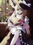  1girl apron armchair black_hat black_skirt black_vest blonde_hair book bow braid chair closed_mouth commentary_request dinotodon frilled_hat frilled_sleeves frills hair_bow hat hat_bow highres holding holding_book indoors kirisame_marisa light_rays long_hair puffy_short_sleeves puffy_sleeves reading red_bow shirt short_sleeves single_braid sitting skirt solo touhou tree vest waist_apron white_bow white_shirt window witch_hat 