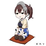  animal animal_on_head black_eyes brown_hair cat cat_on_head cat_on_lap chibi japanese_clothes kaga_(kantai_collection) kantai_collection muneate no_pupils on_head open_mouth seiza short_hair side_ponytail sitting skirt solo sukeroku_(treeee) thighhighs 