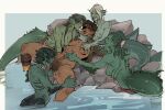  5girls animal_genitalia_on_humanoid breasts colored_skin dark-skinned_female dark_skin excessive_pubic_hair eyepatch female_pubic_hair fingering fins fish_tail futa_with_female futanari gangbang gills green_hair green_skin group_sex highres interspecies keemznsfw mature_female merfolk mermaid monster_girl multiple_girls nipples open_clothes open_shirt original penis pubic_hair pussy rock scar tail water webbed_hands wet 