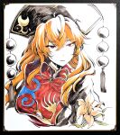  1girl commentary_request dalachi_(headdress) flower hair_between_eyes junko_(touhou) long_hair looking_at_viewer orange_hair red_eyes red_tabard shikishi simple_background solo tabard touhou traditional_media tsubameyado upper_body white_background 