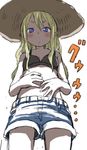  bikini_top blonde_hair blush cowboy_shot denim denim_shorts hands_on_own_stomach hat highres long_hair looking_at_viewer navel original purple_eyes shorts solo stomach_growling straw_hat yamamoto_souichirou 