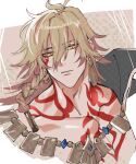  1boy black_coat blonde_hair braid chest_tattoo coat commentary_request earrings facial_tattoo gold_earrings gold_necklace gradient_hair highres honkai:_star_rail honkai_(series) jewelry kamikaze_oekk male_focus medium_hair multicolored_hair mydei_(honkai:_star_rail) necklace open_clothes open_coat red_hair red_tattoo side_braid solo tattoo twitter_username yellow_eyes 