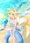  1girl absurdres alternate_costume animal_ears arknights asslx barefoot beach bikini blonde_hair blue_bikini blue_hairband braid braided_hair_rings commentary english_commentary fox_ears fox_girl fox_tail green_eyes hair_rings hairband highres holding holding_swim_ring kitsune kyuubi looking_at_viewer material_growth multiple_tails navel ocean open_mouth oripathy_lesion_(arknights) short_hair smile solo suzuran_(arknights) swim_ring swimsuit tail 