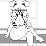 anthro bnuyu_(lornalla) buckteeth clothing eyewear female fur glasses hair heart_symbol hi_res lagomorph leporid lornalla mammal monochrome paws rabbit rabbit_ears raised_paw sitting solo striped_bikini_bottom striped_bikini_top swimming_pool swimwear teeth two-piece_swimsuit water wet wet_body wet_breasts wet_fur white_body white_fur white_hair
