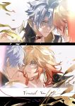  2boys antenna_hair armor black_choker black_coat black_shirt blonde_hair blue_eyes braid choker coat commentary earrings facial_tattoo gold_earrings gradient_hair honkai:_star_rail honkai_(series) jewelry male_focus medium_hair multicolored_hair multiple_boys mydei_(honkai:_star_rail) neck_tattoo open_clothes open_coat parted_bangs pauldrons phainon_(honkai:_star_rail) red_hair red_tattoo shirt short_hair shoulder_armor side_braid single_pauldron tattoo white_hair xiaozongcai521 yaoi yellow_eyes 
