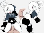 4:3 absurd_res anthro arm_warmers armwear blush clothing cowgirl_position crop_top dark_clothing duo eyes_closed female from_behind_position from_front_position genitals hair hi_res human kopito kopito_(kopito) lagomorph leotard male male/female mammal on_bottom on_one_leg on_top open_mouth penis rabbit_ears red_eyes scut_tail sex shirt short_tail standing tail topwear torn_clothing vulva white_body white_hair